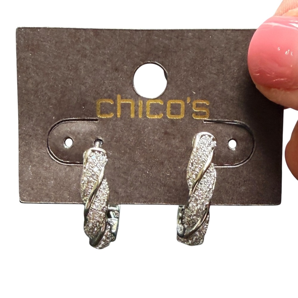 Vintage Chico's Hoop Earrings Twisted Pavé Silver Tone Y2K 0.9"‎ Crystal Boho